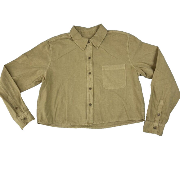 Universal Thread Shirt Women Tan Long Sleeve Collared Cropped Cotton Linen Blend - Picture 1 of 8